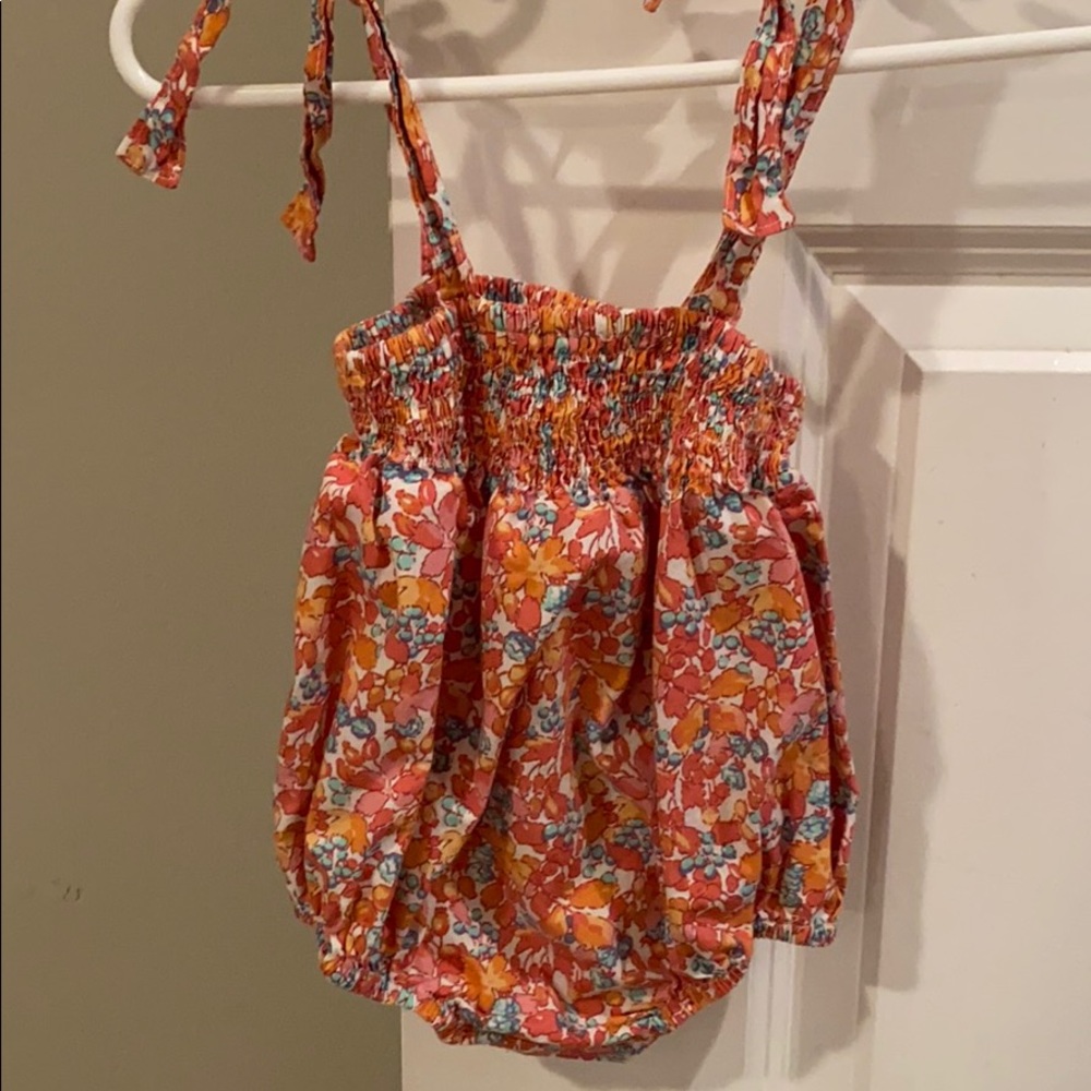 Floral romper with tie straps & smocked top, 3M